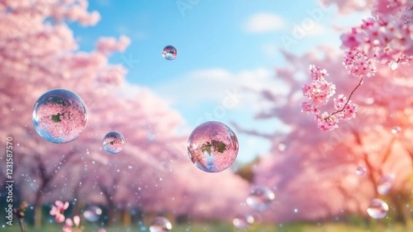 Fototapeta Cherry blossoms and floating bubbles create dreamy spring scene