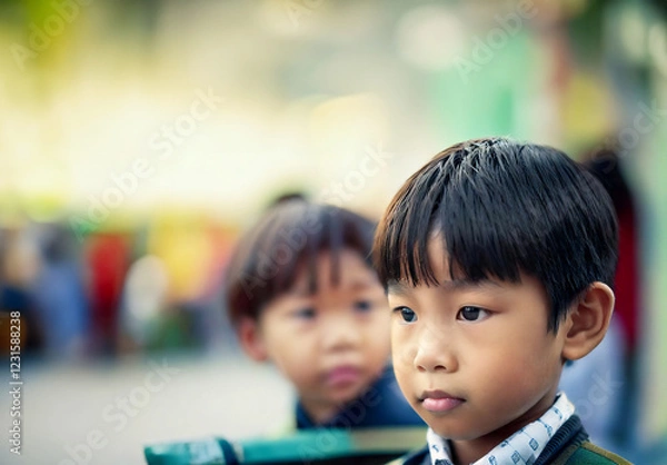 Obraz 真剣な表情の少年と後ろで見つめる友達