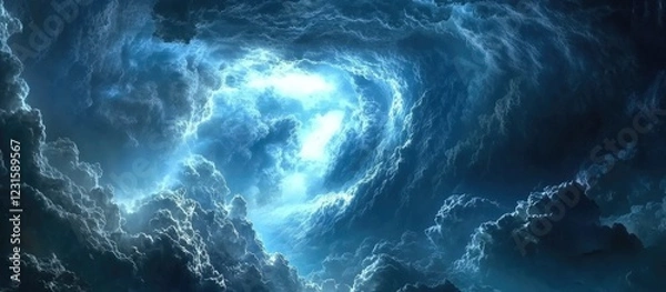 Fototapeta Dramatic swirling storm clouds in deep blue and gray shades create a stunning contrast with the bright illuminated center against a dark sky.