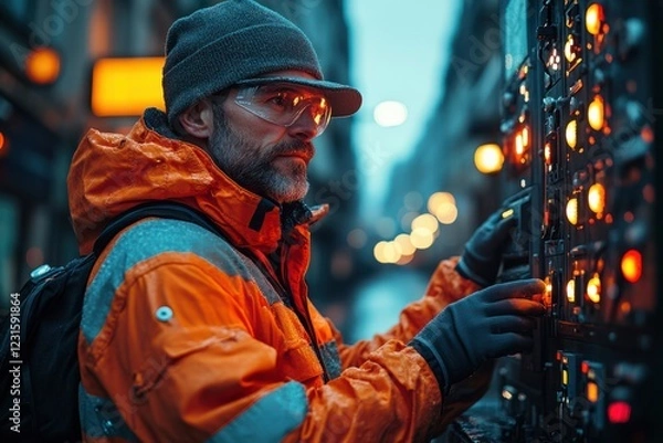 Obraz Worker in safety gear controls machinery at dusk in a busy urban environment