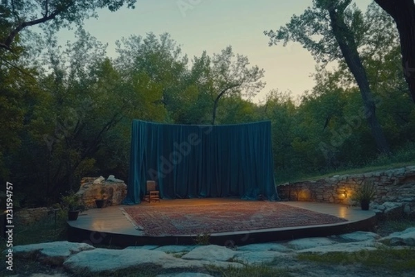 Fototapeta Scenic Outdoor Stage Captured During Golden Hour with Natural Lighting in Forest Backdrop, Ideal for Artistic Performances or Events