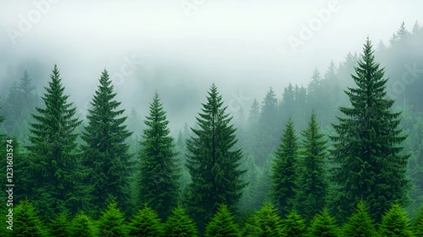 Obraz Misty mountain forest, evergreen trees, scenic landscape, nature background, travel poster