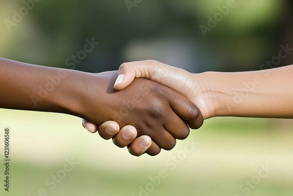Obraz handshake between two people, human diversity, pathways to equity and harmony	
