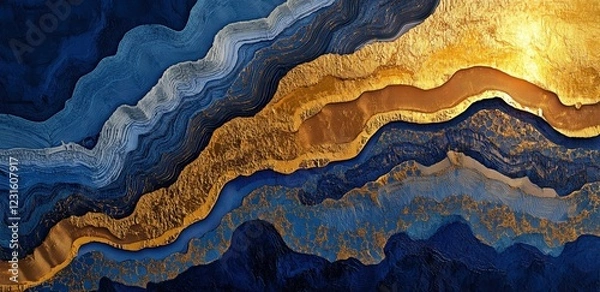 Fototapeta Abstract Layers of Blue and Gold: A mesmerizing abstract art piece featuring a layered composition of blue and gold hues. The interplay of color.