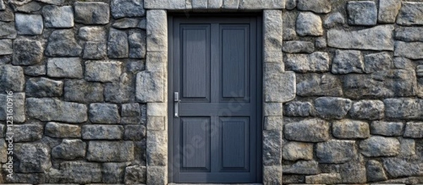 Fototapeta Grey wooden door framed by a rough textured granite stone wall in natural tones, showcasing a harmonious blend of stone and rustic architecture.
