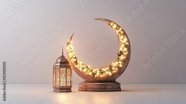 Fototapeta Illuminated crescent moon, lantern, festive background, Ramadan celebration, greeting card. Generative ai