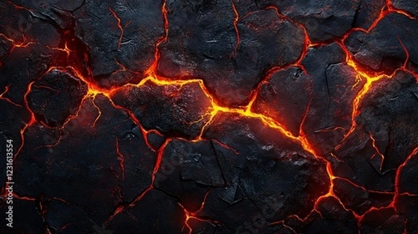 Obraz A vector illustration of a volcanic lizard skin texture with deep red and glowing lava-like cracks.