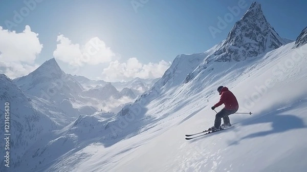 Fototapeta Skier Skiing Downhill in the High Mountains in 16K Resolution