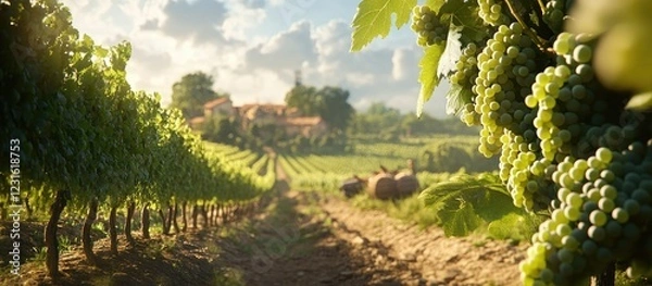 Fototapeta Vibrant green vineyard rows with lush grape clusters in foreground, sunshine illuminating a charming farmstead in background on a clear day.