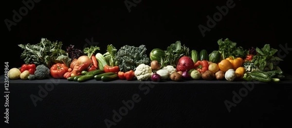 Fototapeta Vibrant assortment of organic vegetables arranged on a dark surface with deep greens reds and oranges showcasing healthy eating trends of 2023
