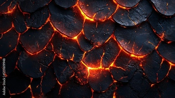 Obraz A vector illustration of a fire dragon scale texture with molten lava cracks and ember-like glows.