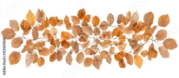 Fototapeta Autumn flat lay with dried orange leaves artistically arranged in a horizontal format on a clean white background ideal for seasonal themes