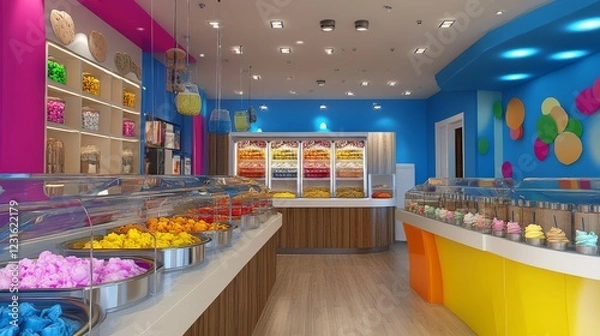 Fototapeta Frozen yogurt shop view featuring containers of toppings for customers to choose from. 