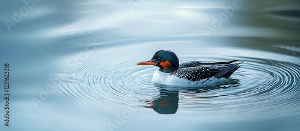 Fototapeta Common merganser swimming in a calm blue lake with ripples reflecting light showcasing its vibrant plumage against the serene water backdrop