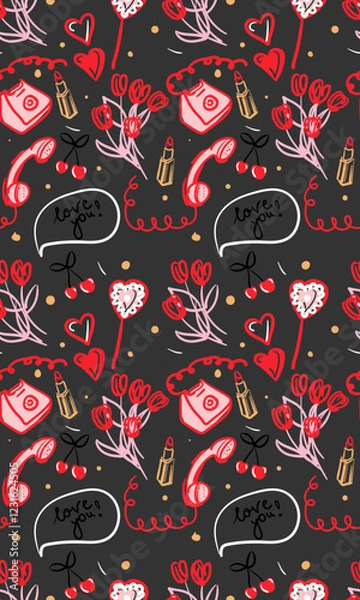 Fototapeta Valentines Day doodle seamless pattern with a bouquet of flowers, a lipstick, a phone, lollipop. Vector illustration