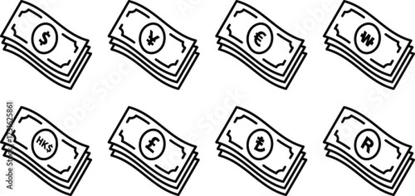 Fototapeta Collection of banknote icons from 8 countries.