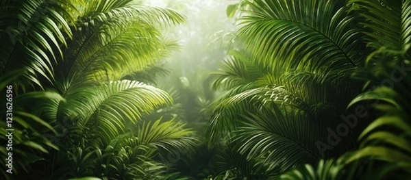Fototapeta Lush green palm leaves create a serene atmosphere in a dense jungle, with soft light filtering through for a calming and natural paradise.