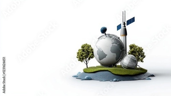 Obraz A futuristic depiction of Earth with a satellite, symbolizing space exploration and environmental awareness.