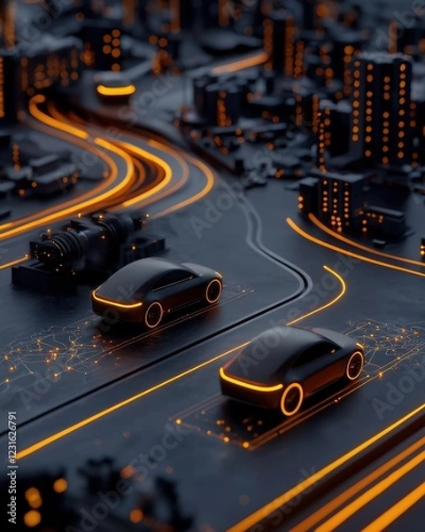 Obraz A futuristic cityscape with glowing cars on illuminated roads, showcasing advanced technology and urban innovation.