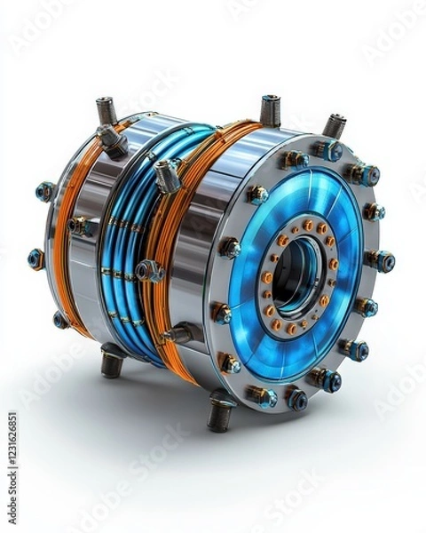 Obraz A futuristic mechanical component featuring a sleek design with vibrant blue and orange highlights, showcasing advanced engineering.