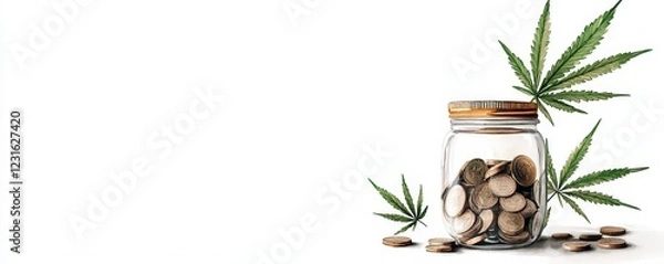 Obraz A glass jar filled with seeds and surrounded by cannabis leaves, showcasing natural elements and organic beauty.