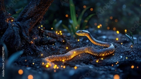 Obraz A glowing snake slithers through a dark, enchanted forest, illuminated by glowing orbs creating a magical atmosphere.