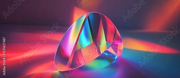 Fototapeta Holographic geometric prism in the center casting vibrant red, blue, green, and yellow lights on a smooth surface, creating a magical ambiance.