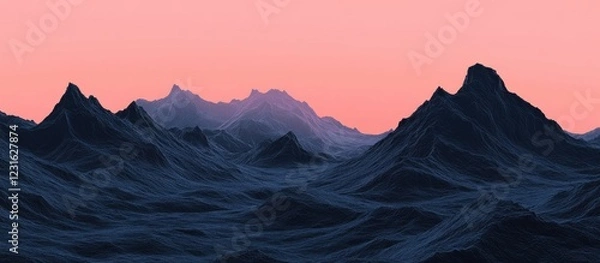 Fototapeta Majestic black mountain range in silhouette against a soft pink sunrise sky with gentle illumination highlighting rugged peaks and valleys