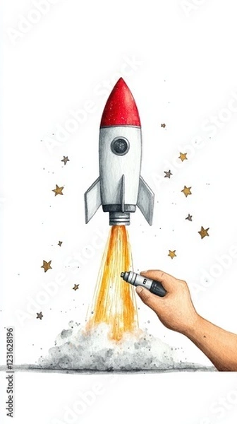 Obraz A hand controls a colorful rocket with flames, illustrating creativity and adventure in space exploration.