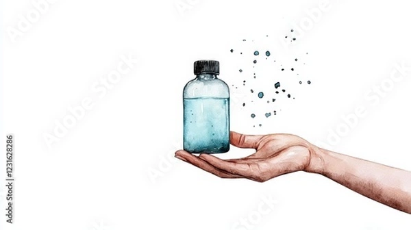 Fototapeta A hand holding a bottle filled with water, with droplets floating above, symbolizing hydration and freshness.