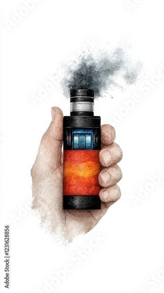 Obraz A hand holds a vape device, releasing a cloud of vapor. Ideal for showcasing vaping culture and modern lifestyle.