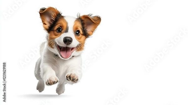 Obraz A happy puppy jumping playfully with a joyful expression, embodying the spirit of fun and adventure in a bright, white background.
