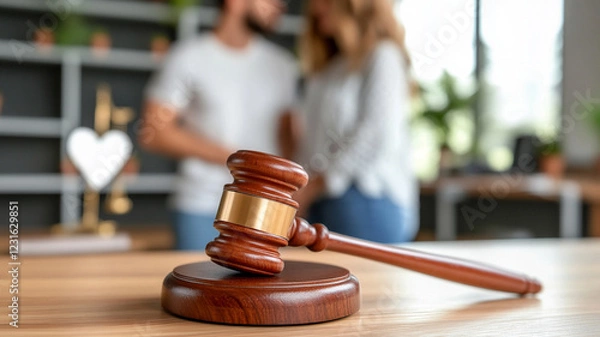 Fototapeta A wooden gavel sits on a table in the foreground, with a blurry image of a couple in the background. The scene represents legal issues, partnership, and perhaps a decision or judgment.