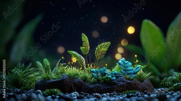 Obraz A lush green miniature scene with delicate plants illuminated by soft lights, creating a serene and enchanting atmosphere.