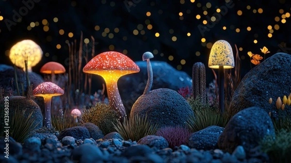 Obraz A magical night scene featuring glowing mushrooms amidst stones and lush greenery, illuminated by soft, enchanting lights.