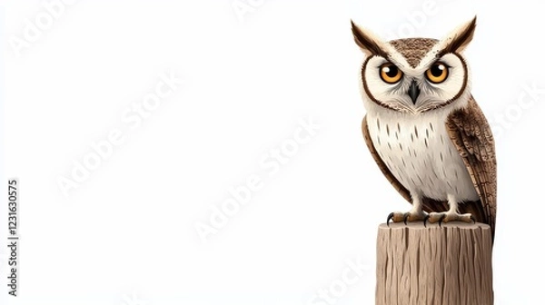 Obraz A majestic owl perched on a wooden stump, showcasing its striking features and captivating gaze against a clean background.