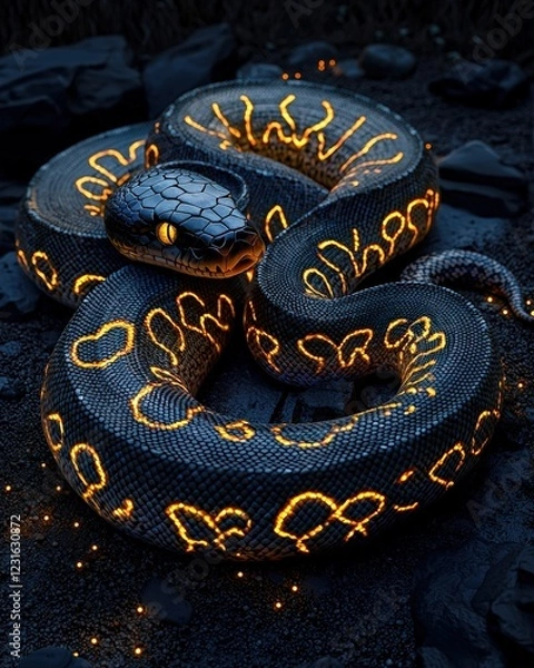 Obraz A mesmerizing black and orange glowing snake resting on dark rocks, showcasing intricate patterns and a mystical aura.