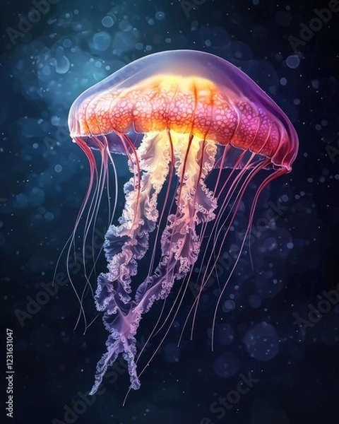 Obraz A mesmerizing jellyfish floats gracefully in dark waters, showcasing vibrant colors and delicate tentacles. Perfect for aquatic themes.