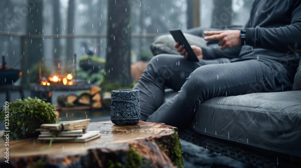Fototapeta A person relaxes on an outdoor patio in the rain with a tablet. A mug and books rest on a wooden table near a fire pit.