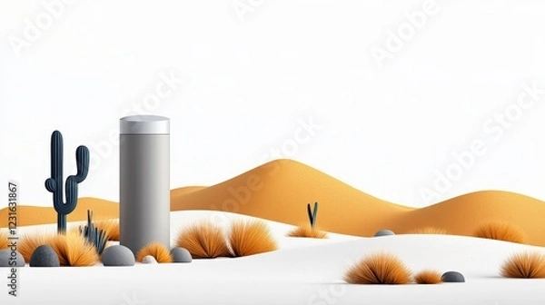 Obraz A minimalist desert landscape featuring a modern cylinder, cacti, and orange sand dunes under a bright white sky.