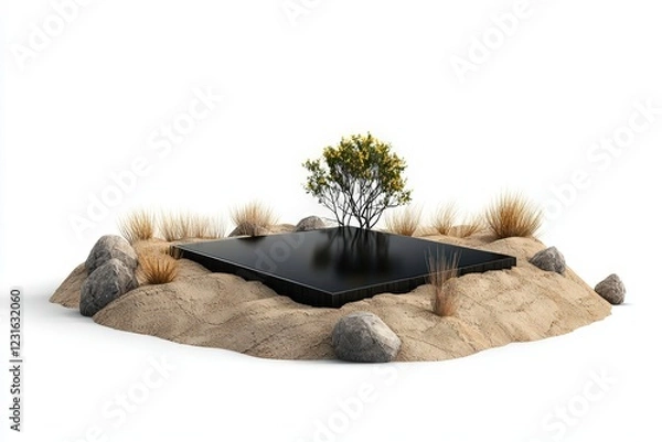 Fototapeta A minimalistic landscape with a black platform, adorned by a small tree and surrounded by sandy terrain and rocks.