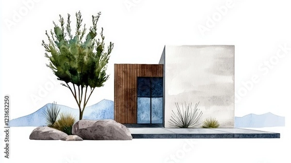 Obraz A modern architectural design featuring a minimalist house with natural elements and landscaping, perfect for contemporary aesthetics.