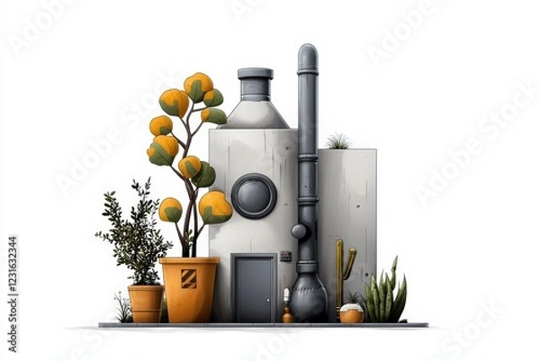Obraz A modern building adorned with decorative plants and a unique design, perfect for showcasing creativity and urban living.