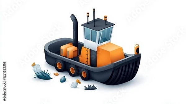 Obraz A modern tugboat with orange and black colors, surrounded by small debris in a stylized, vibrant design.