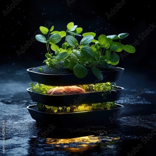 Obraz A modern, layered plant display showcasing vibrant green leaves, set against a softly illuminated backdrop. Ideal for nature enthusiasts.