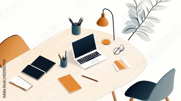 Fototapeta A modern workspace featuring a laptop, stationery, and a stylish lamp on a minimalist table, perfect for productivity.