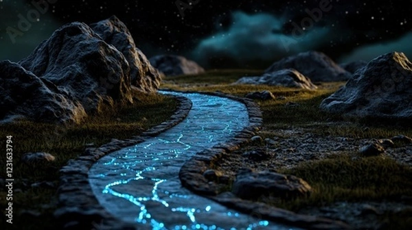 Obraz A mystical river flows through rocky terrain under a starry night sky, illuminated by vibrant blue light.