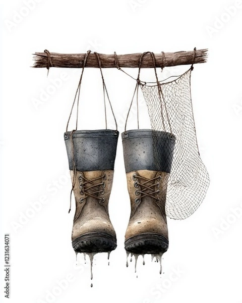 Obraz A pair of worn fishing boots hanging on a rustic hook, emphasizing outdoor adventures and a love for fishing.