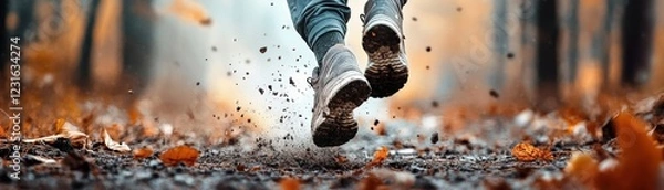Obraz A person running through a vibrant autumn forest, kicking up leaves and dirt, embodying energy and movement in nature.