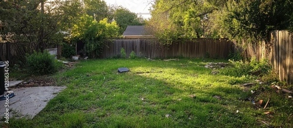 Fototapeta Neglected backyard with overgrown green grass and scattered debris under soft sunlight, showcasing the need for outdoor maintenance and care.